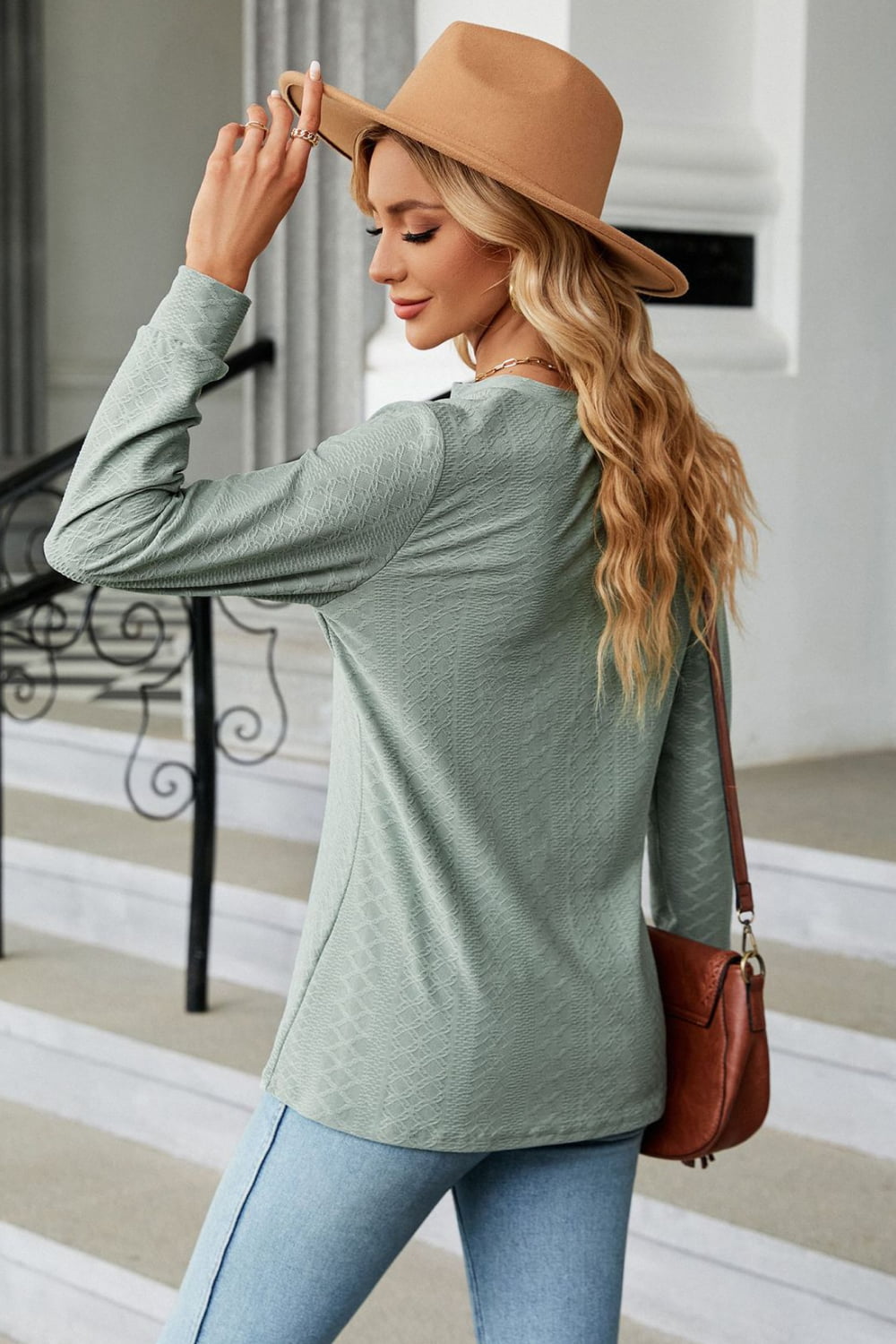 Full Size Notched Neck Long Sleeve Buttoned Blouse