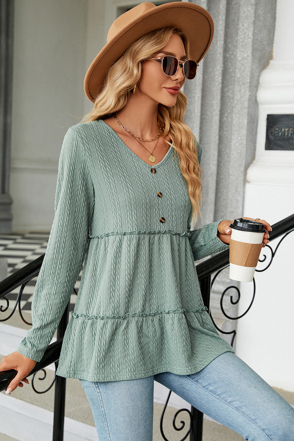 Frill V-Neck Long Sleeve T-Shirt