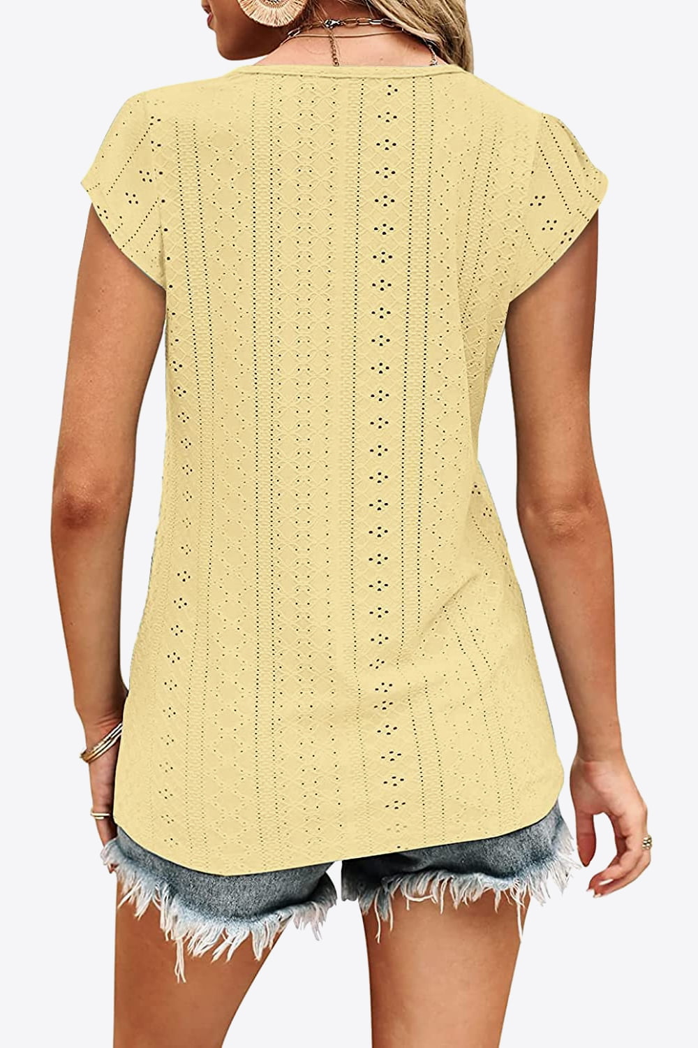 Full Size Eyelet Contrast V-Neck Tee