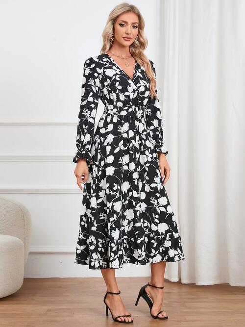 H.Y.G@E Attire Floral Surplice Flounce Sleeve Ruffle Hem Dress