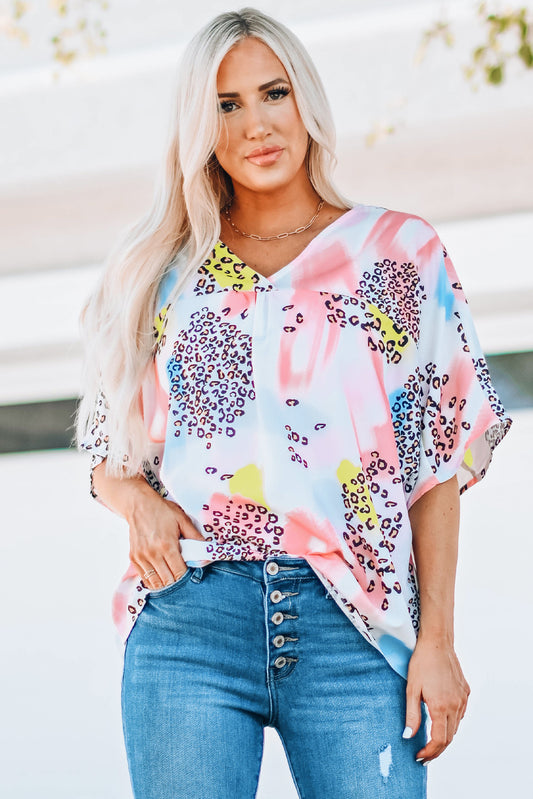 Full Size Mixed Print V-Neck Half Sleeve Top