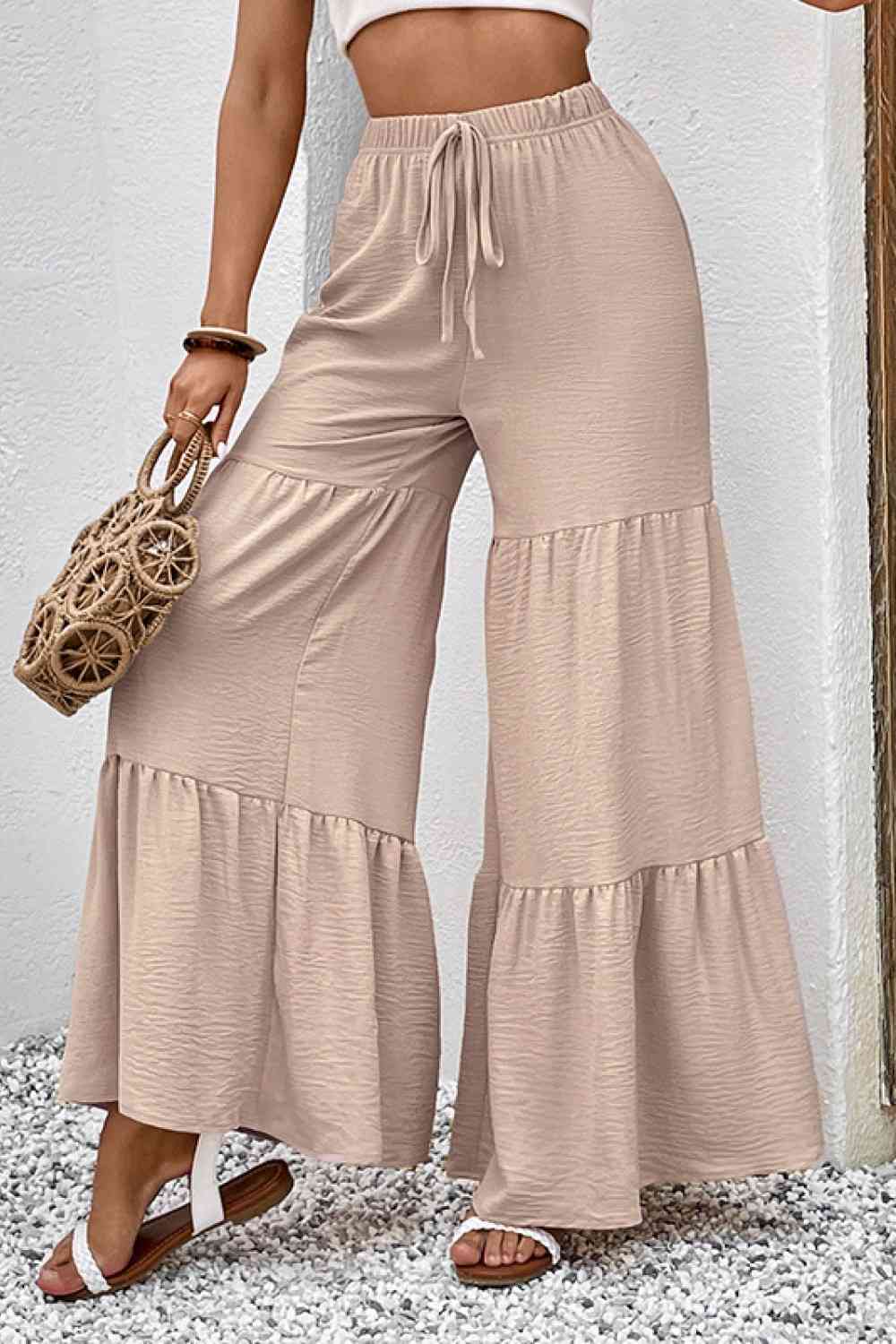 BustingWithBeauty Drawstring Waist Tiered Dust Storm Brown Flare Culottes