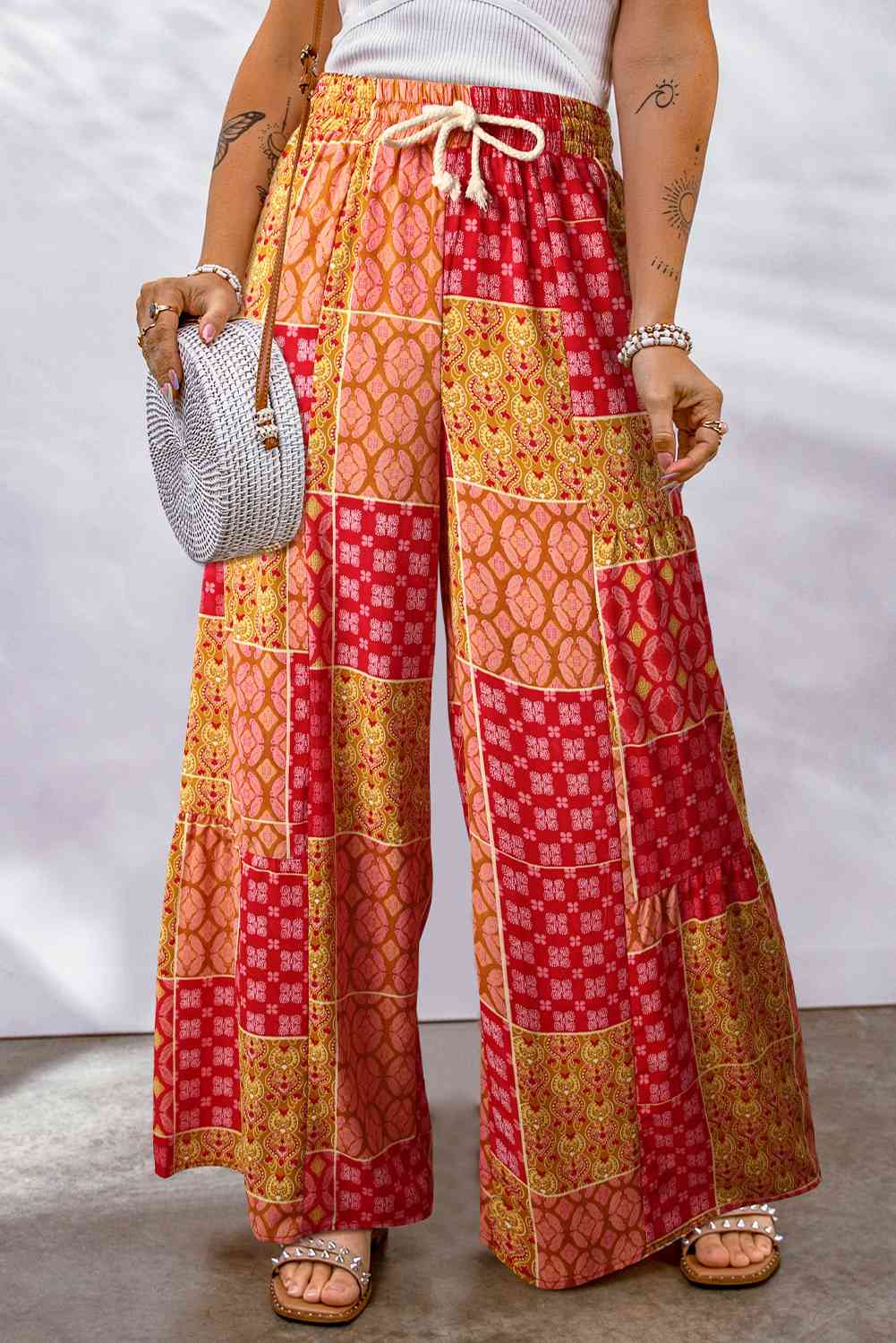 Bohemian Woman Patchwork Drawstring Wide Leg Pants