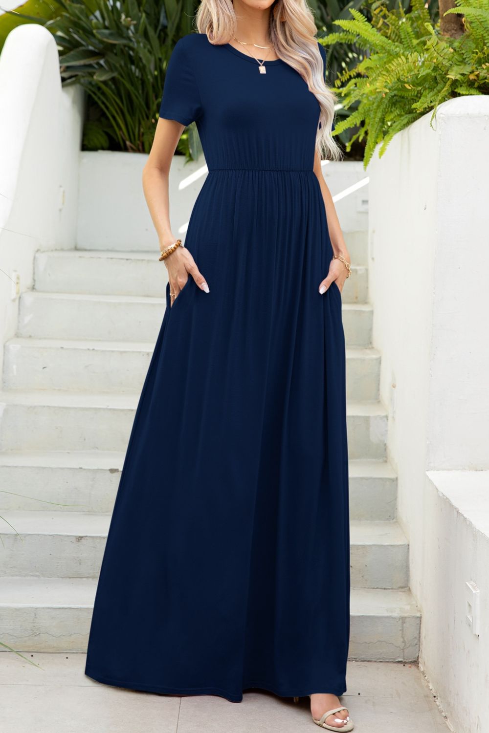 Women's Full Size Round Neck Maxi Tee Dress with Pockets