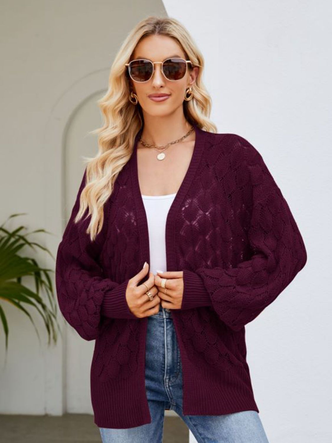 SkyMarie Open Front Ribbed Trim Cardigan