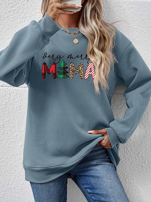 Christmas Themed VERY MERRY MAMA Letter Graphic Round Neck Long Sleeve Sweatshirt