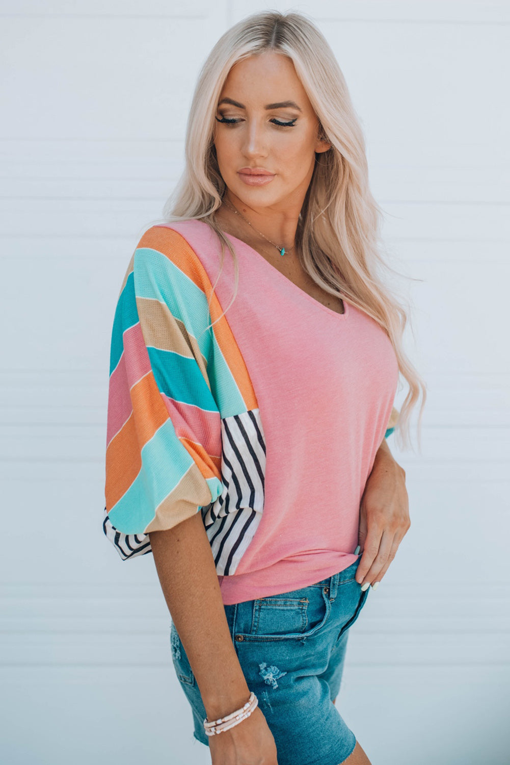 Malibu Dreams Full Size Striped Dolman Sleeve V-Neck Top