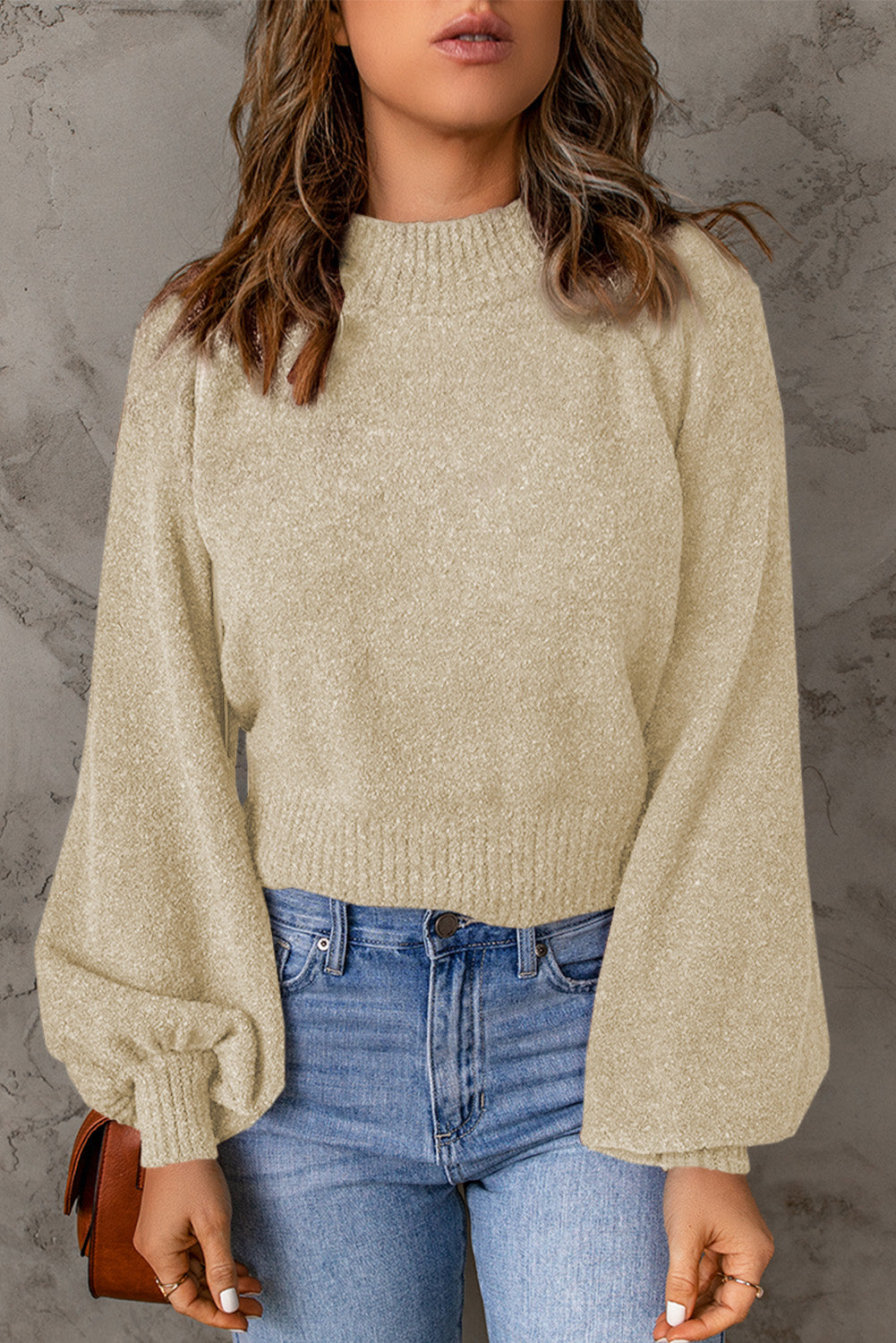 Full Size Ribbed Trim Balloon Sleeve Sweater