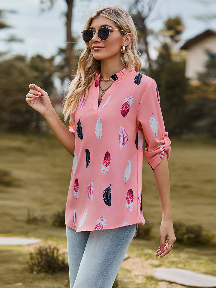 Full Size Printed Roll-Tab Sleeve Notched Neck Blouse