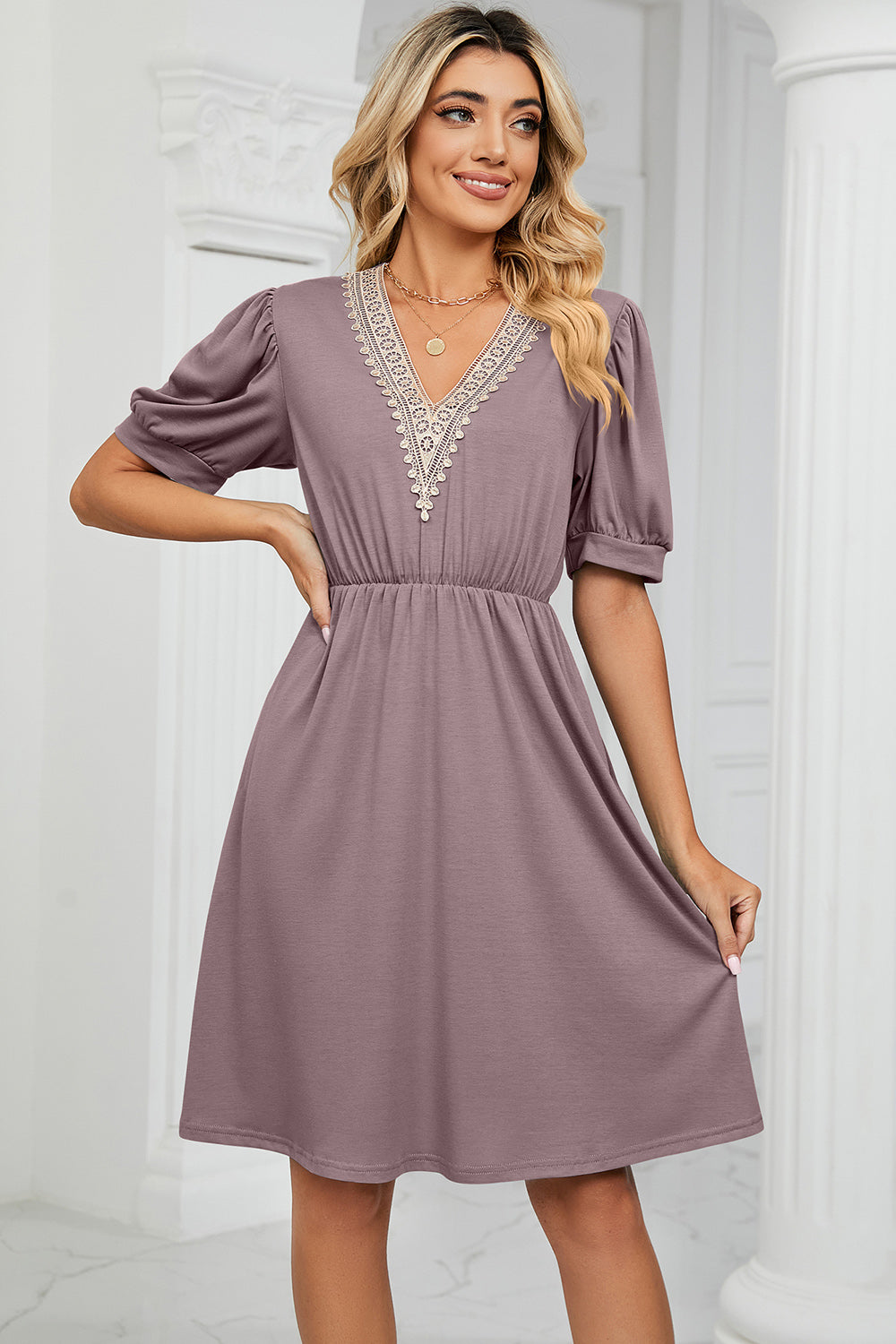 V-Neck Puff Sleeve Dress