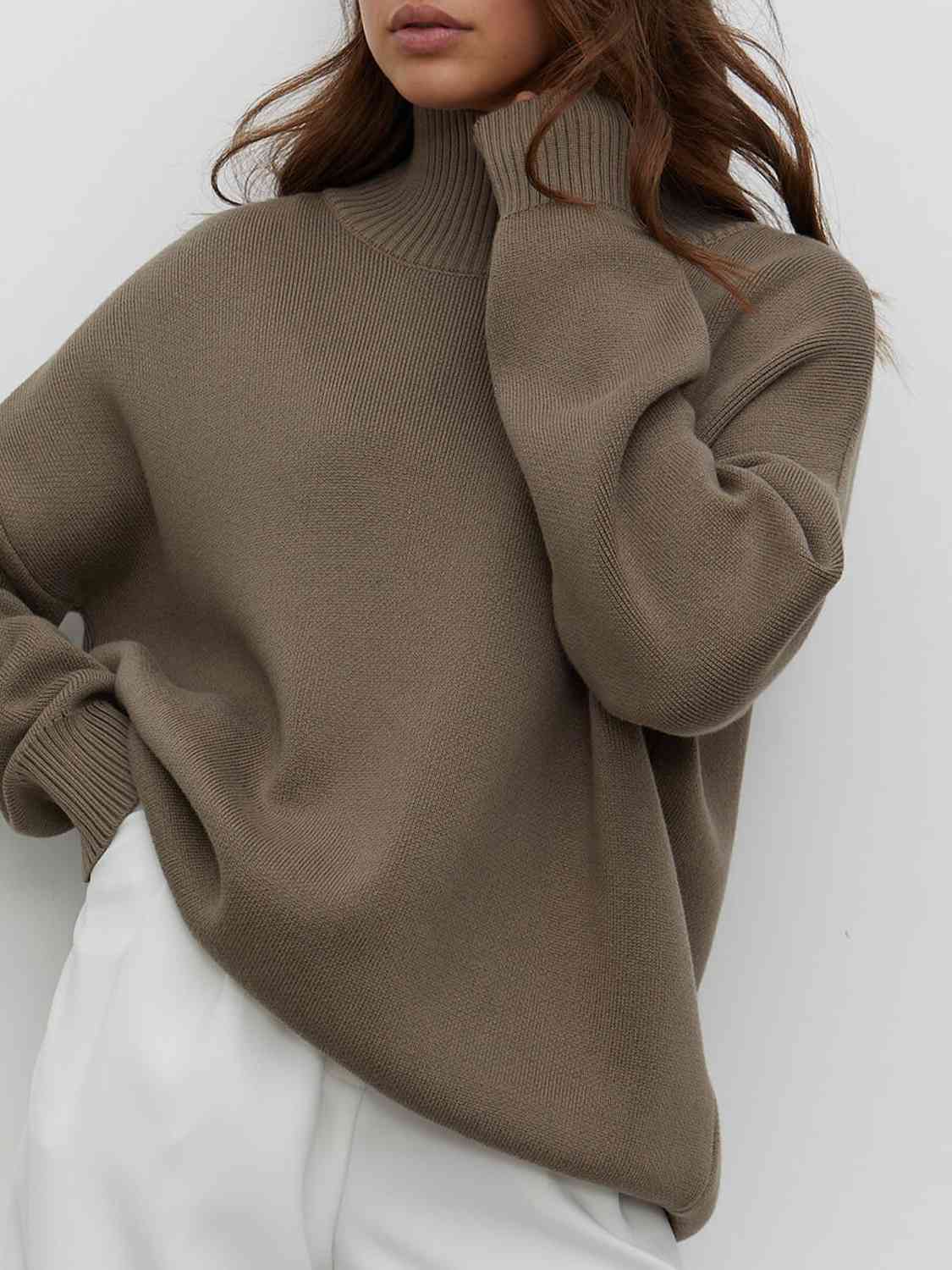 One Size Mock Neck Dropped Shoulder Sweater