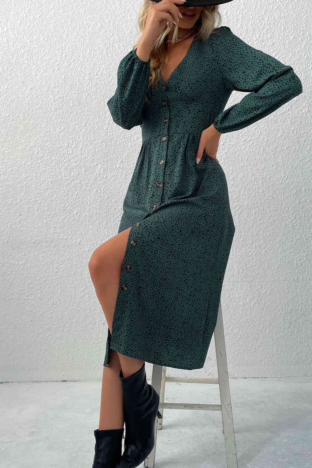 Green Printed Button Down V-Neck Midi Dress