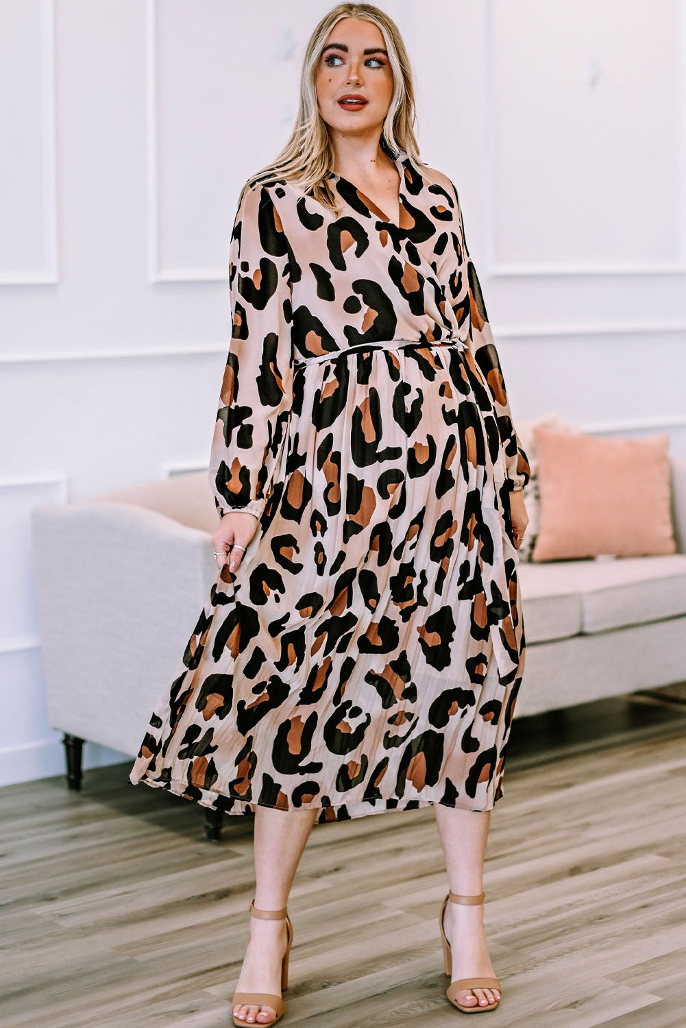 ZaLaquite Plus Size Leopard Print Surplice Neck Long Sleeve Midi Dress