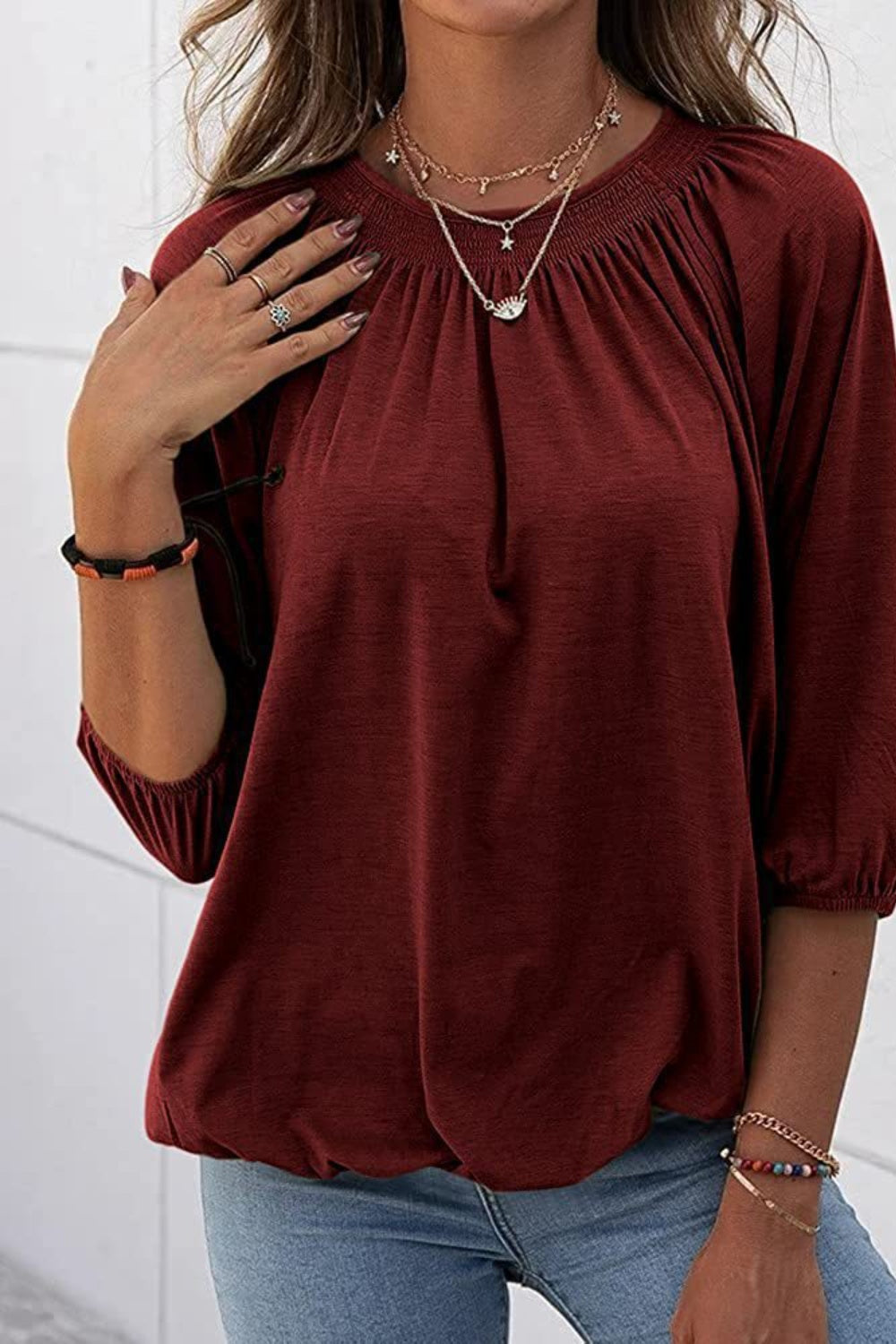 Full Size Gathered Detail Round Neck T-Shirt