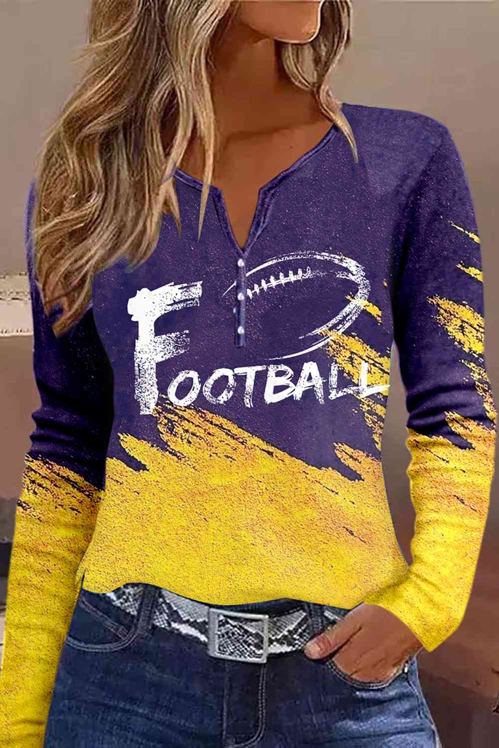 FOOTBALL Graphic Notched Neck Violet Long Sleeve T-Shirt