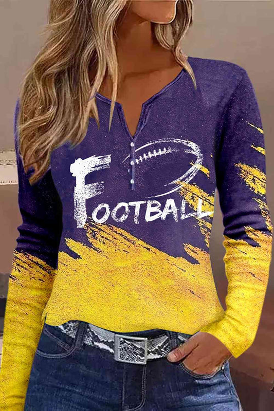 FOOTBALL Graphic Notched Neck Violet Long Sleeve T-Shirt