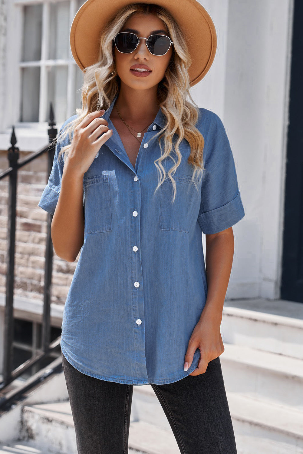 Women's Full Size Button Front Collared Short Sleeve Shirt