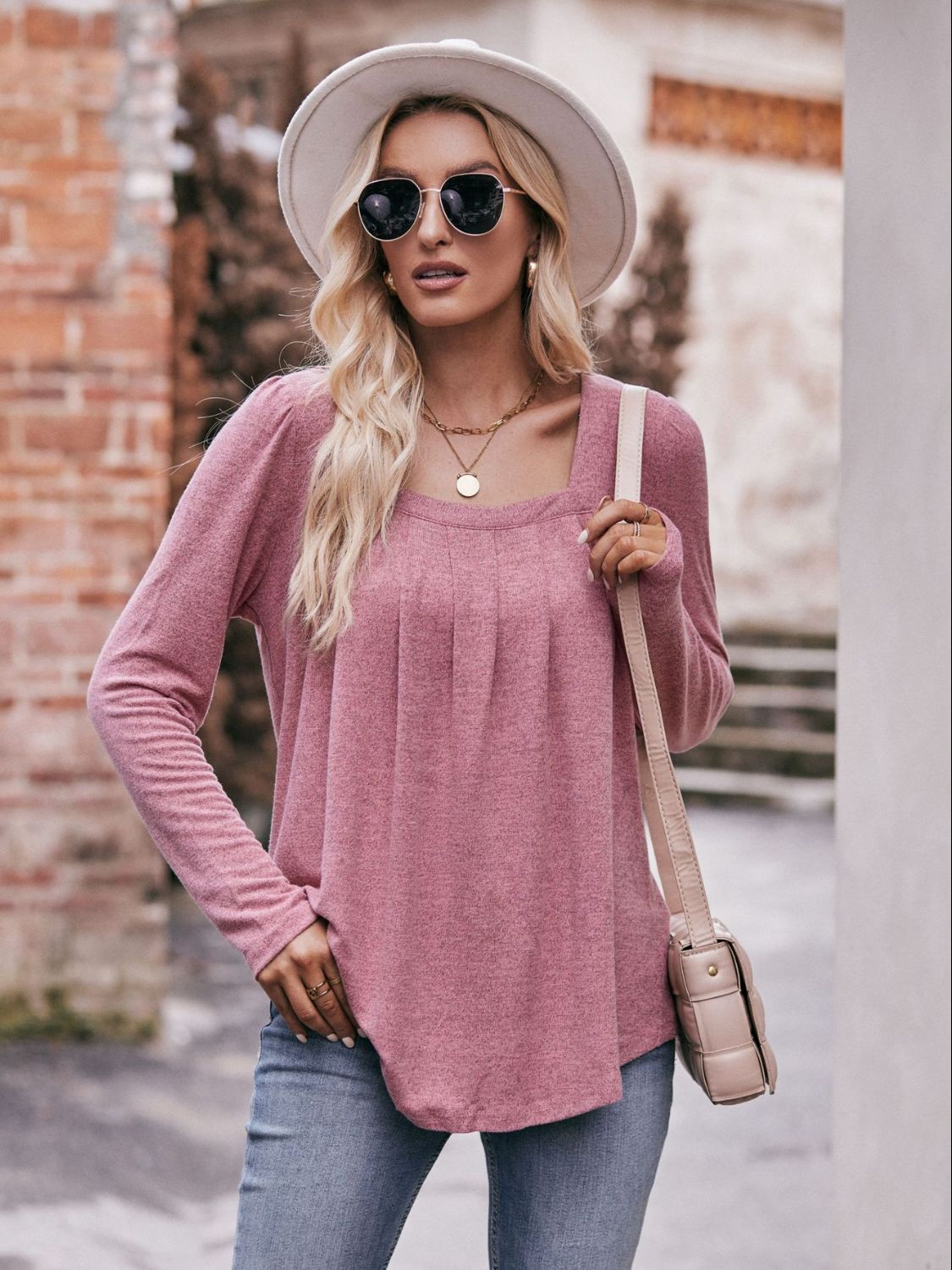 Pleated Detail Curved Hem Long Sleeve Top