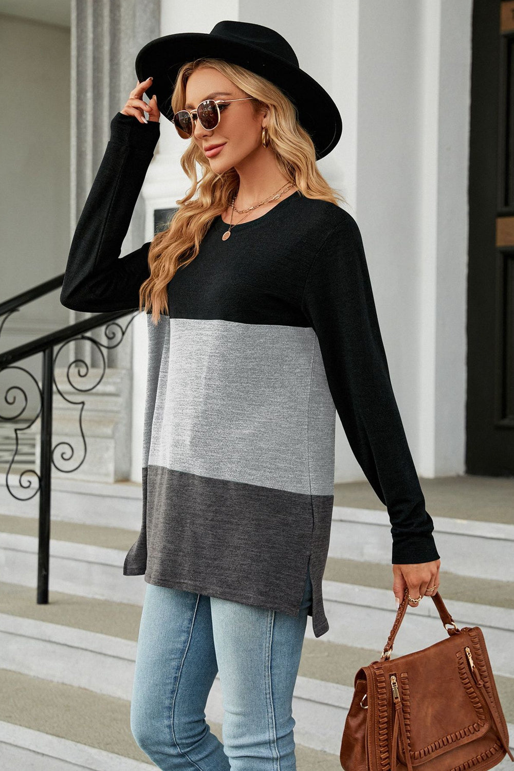 Full Size Color Block Round Neck Long Sleeve Slit T-Shirt