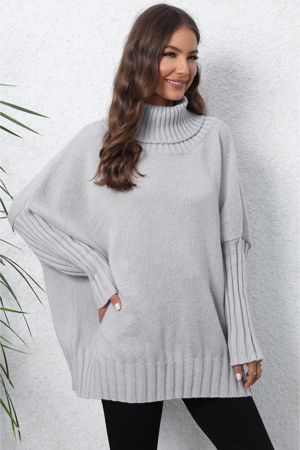 One Size Turtle Neck Long Sleeve Ribbed Sweater