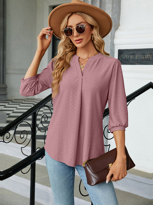 Full Size Notched Neck Three-Quarter Sleeve Blouse