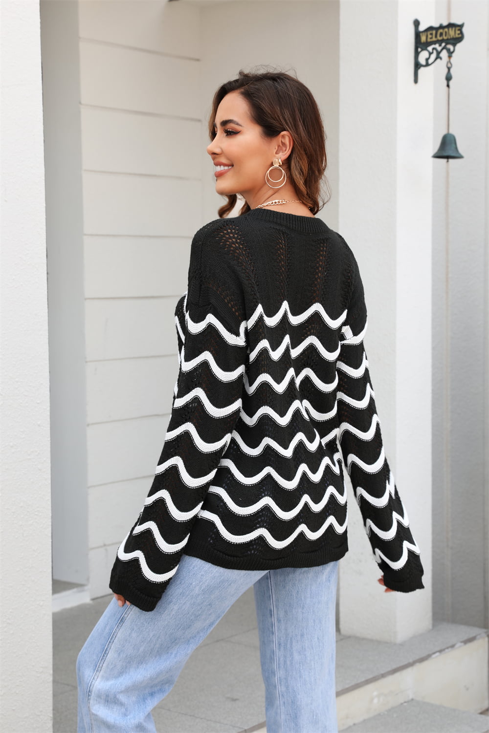 Hannah&Mea Wave Pattern Round Neck Long Sleeve Sweater