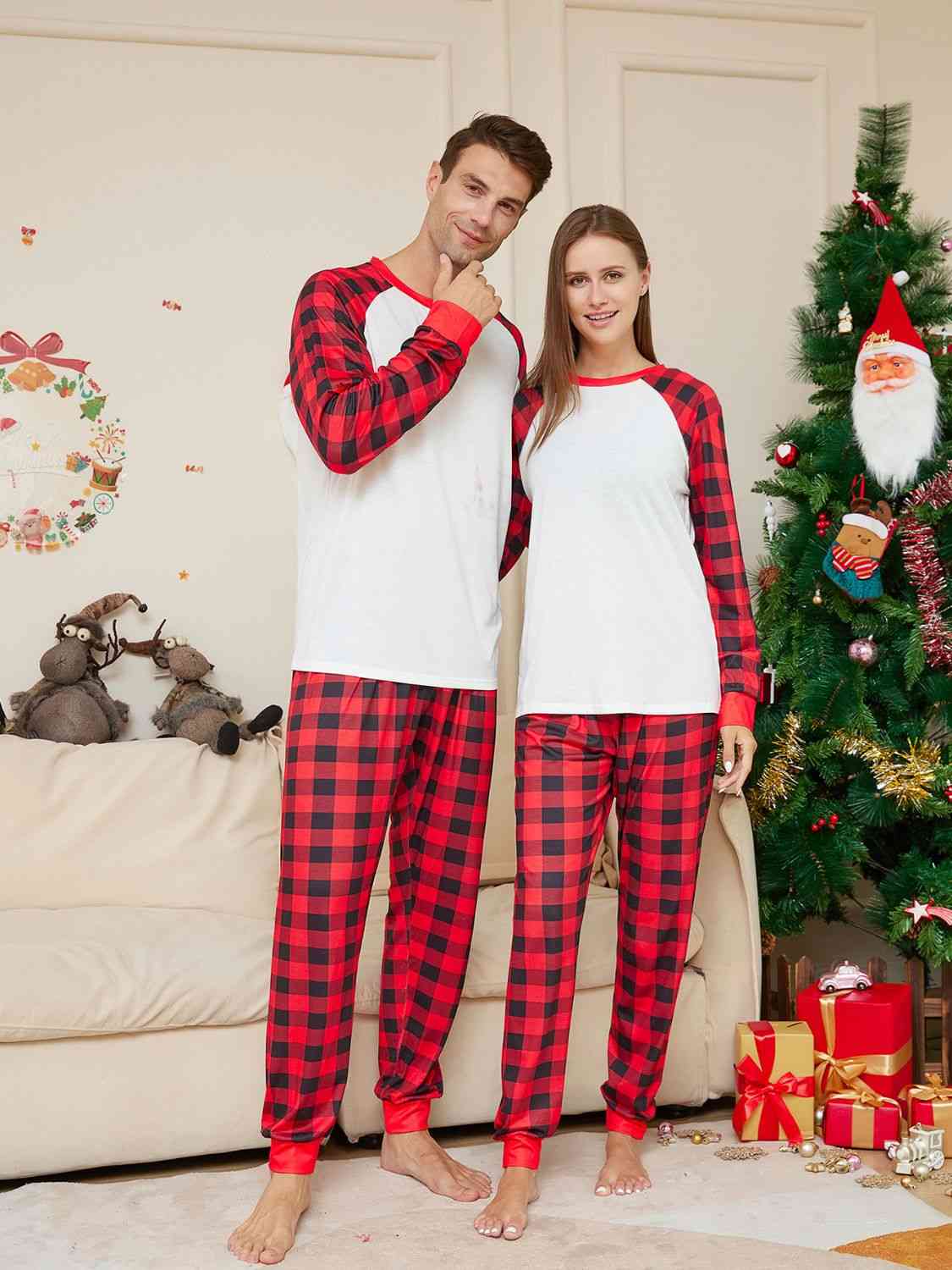 UNISEX ADULT PJ Full Size Christmas Raglan Sleeve Top and Plaid Pants Set