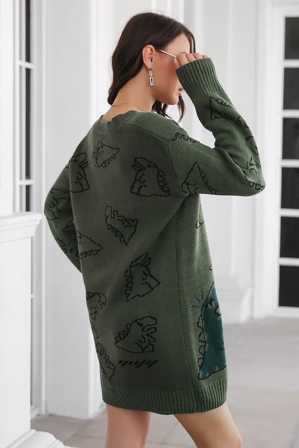 Athena Rea Dinosaur Pattern V-Neck Sweater Dress