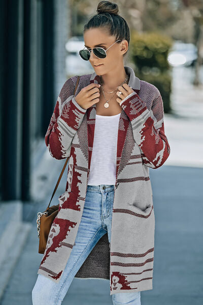 Meredith Geometric Open Front Pocketed Cardigan