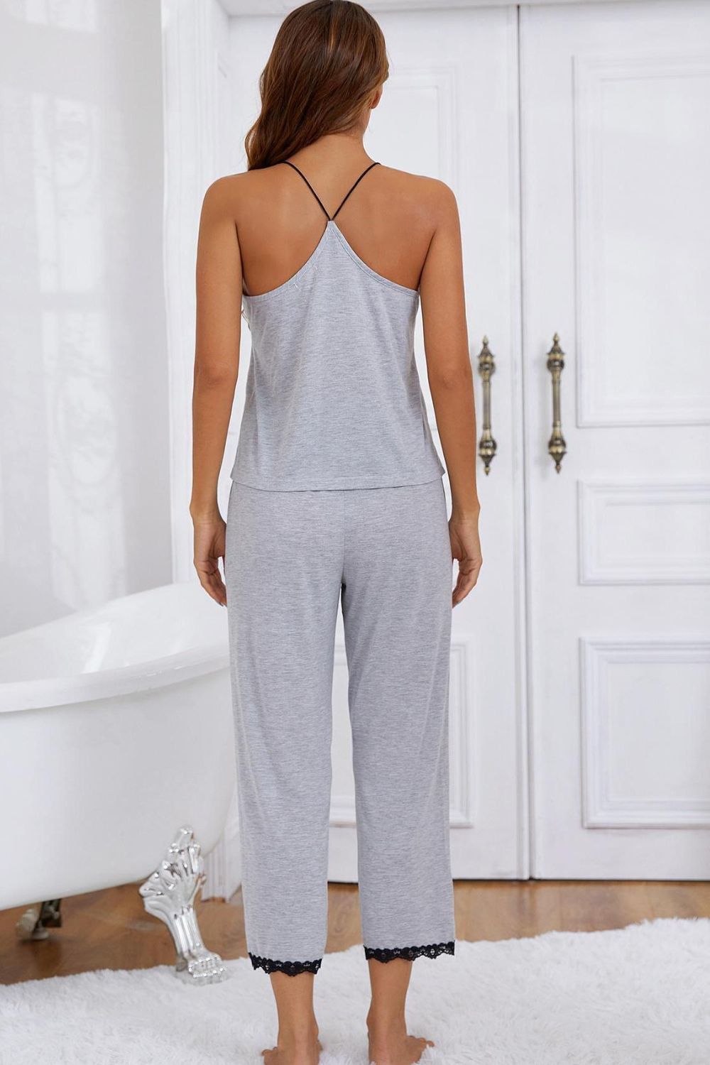 Women's Halter Neck Cami and Lace Trim Pajama Set
