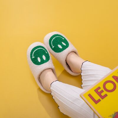 Melody Smiley Face White Green Slippers