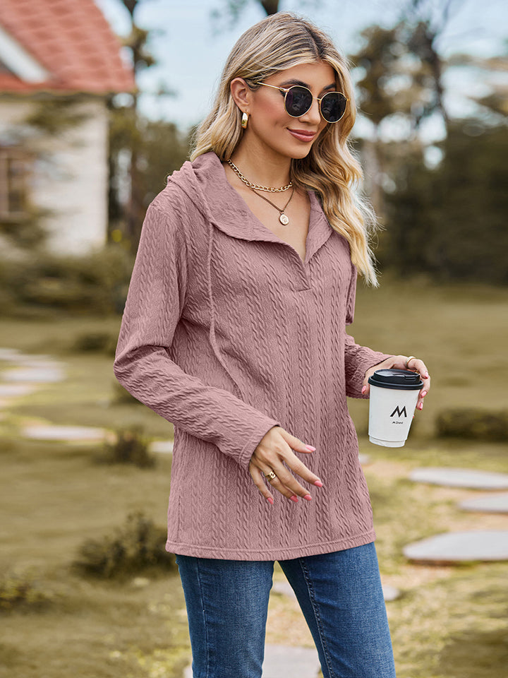 Full Size Cable-Knit Hooded Blouse