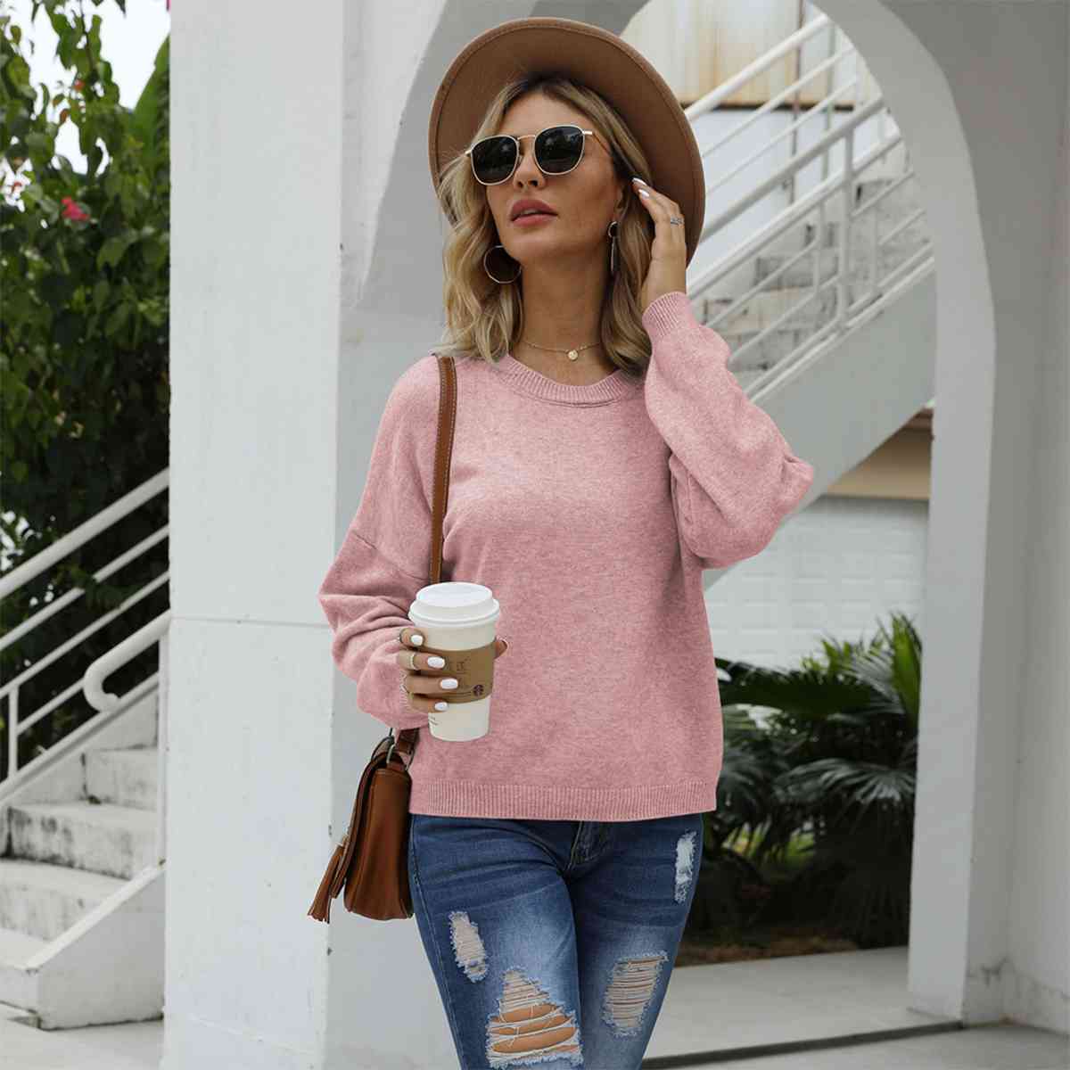 SnuggleTime Round Neck Long Sleeve Drop Shoulder Sweater