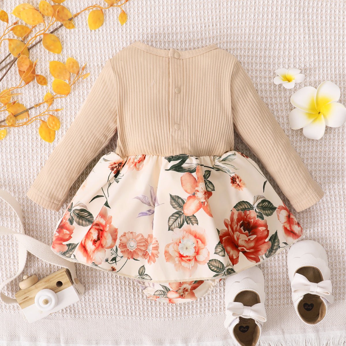 LITTLE GIRLS Khaki Two-Tone Floral Ribbed Dress SZ 0M-18M
