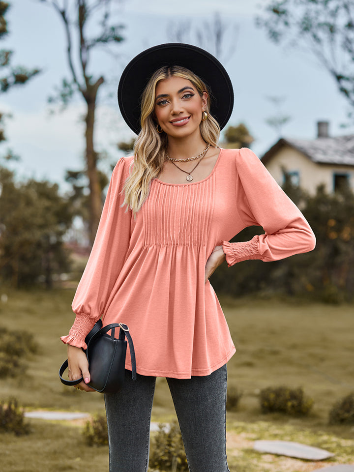 Full Size Puff Sleeve Pleated Blouse