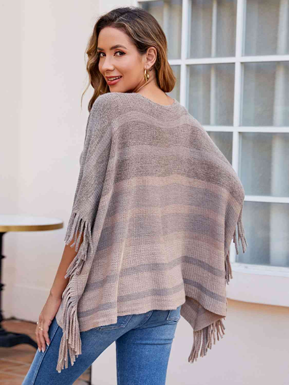 One Size Striped Boat Neck Poncho with Fringes