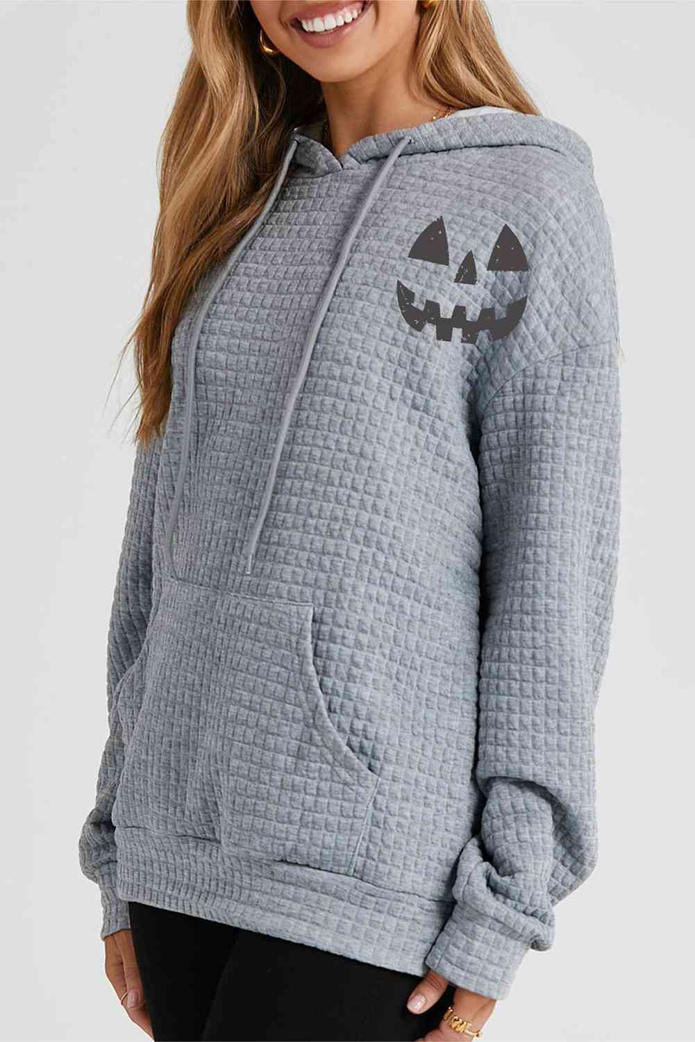 SEASONAL FALL Pumpkin Face Graphic Charcoal Drawstring Hoodie with Pocket