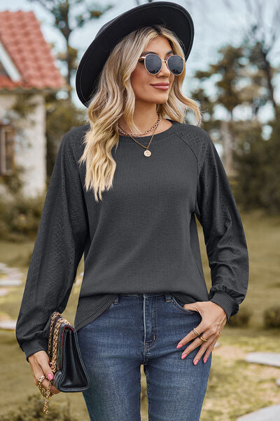 Eyelet Round Neck Long Sleeve T-Shirt