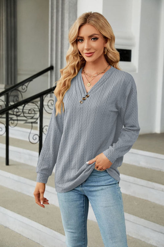 Full Size Decorative Button V-Neck Long Sleeve T-Shirt