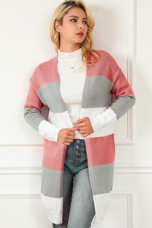 Comfy Connections Burnt Coral Striped Open Front Long Sleeve Cardigan