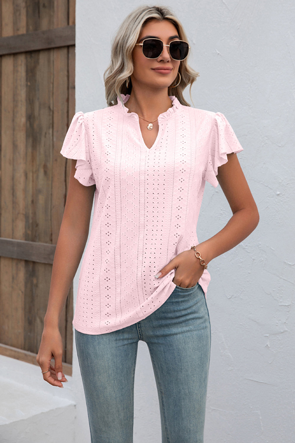 Full Size Eyelet Notched Neck Flutter Sleeve Top