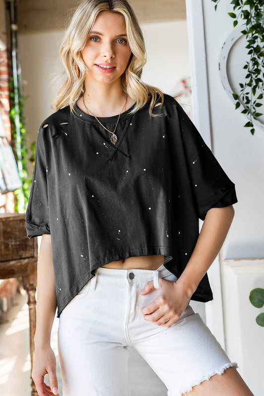 SO CHIC Distressed Asymmetric Hem Cropped Tee Shirt