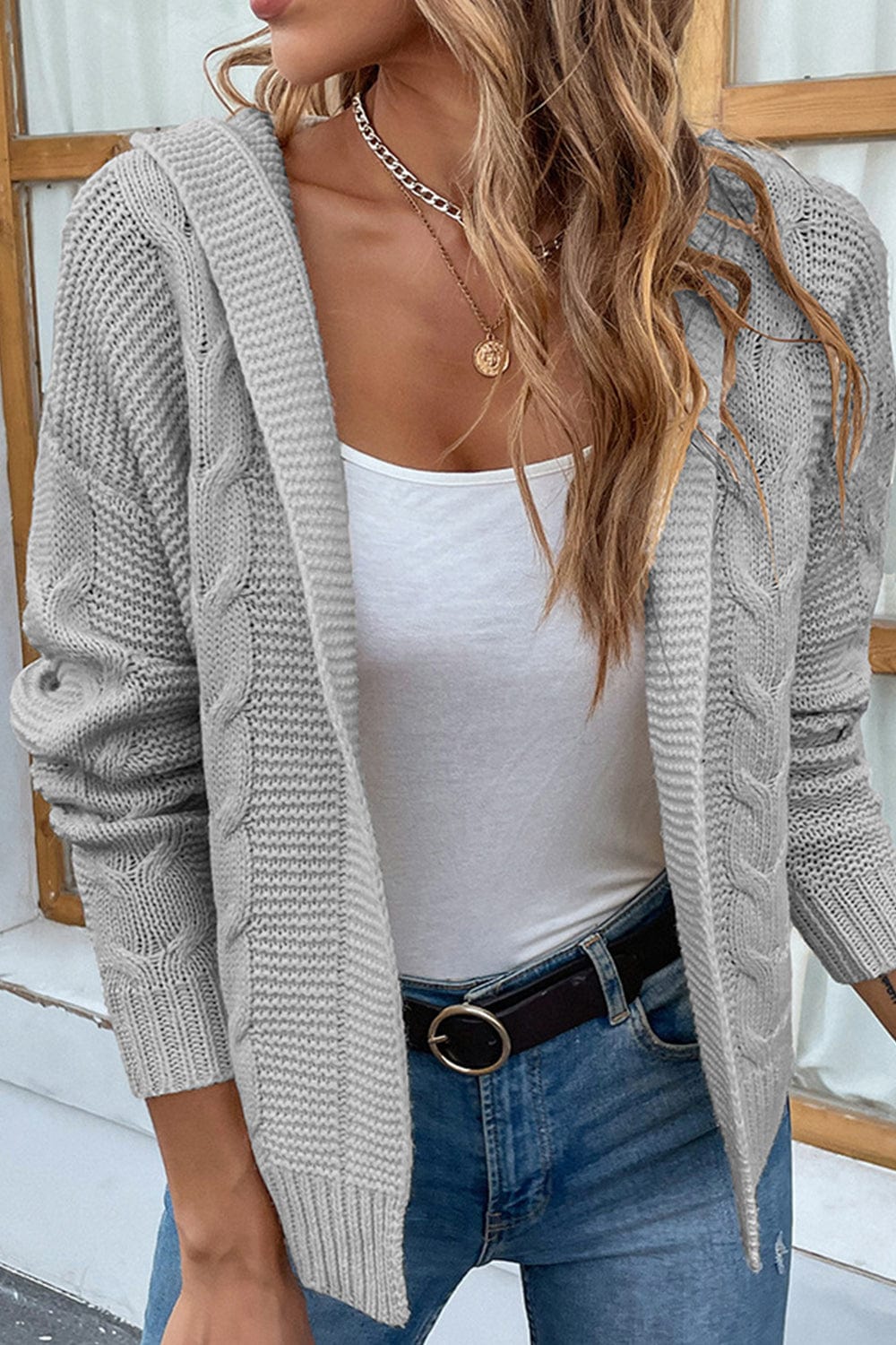 LakenLea Cable-Knit Dropped Shoulder Hooded Cardigan