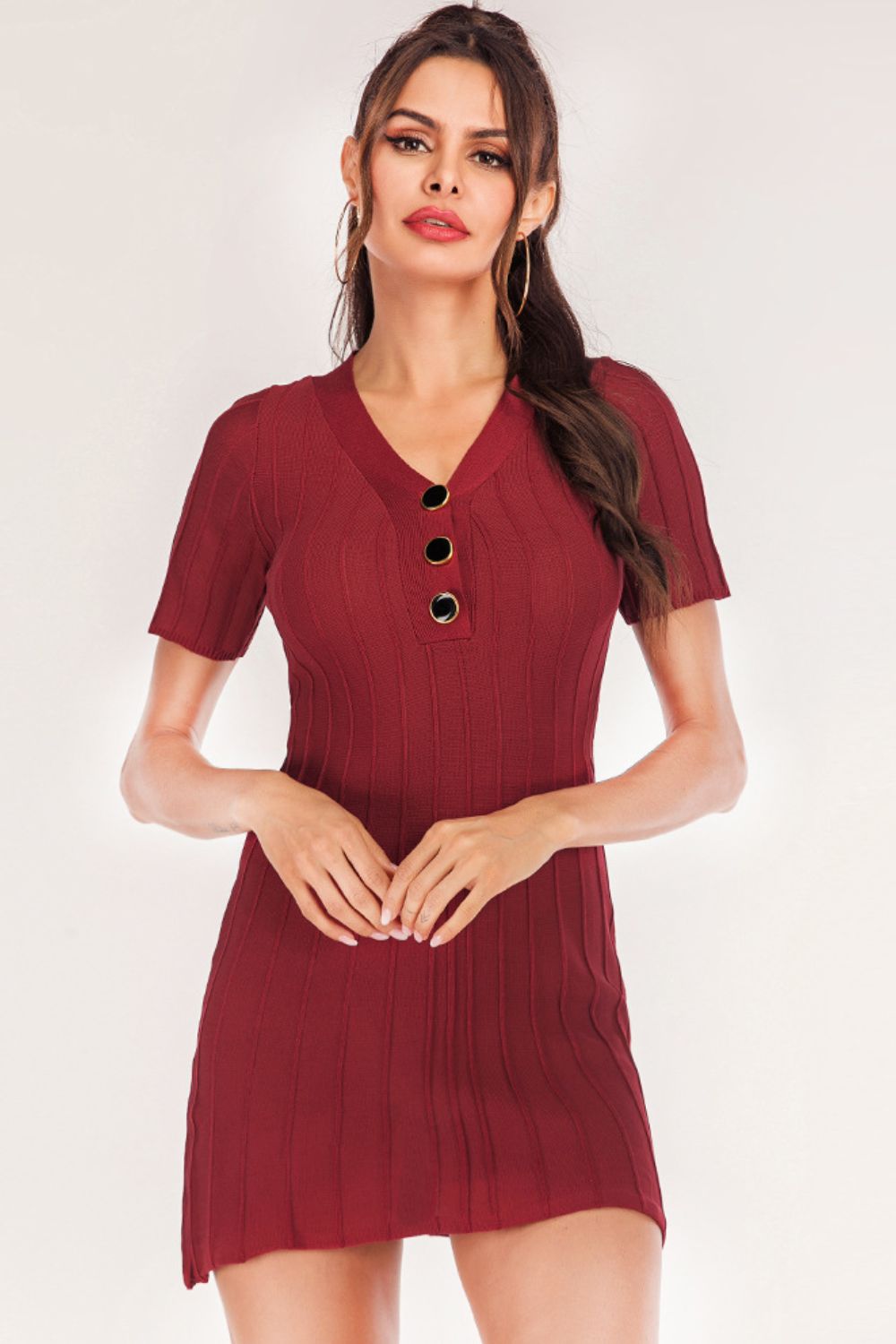 Women's Buttoned Short Sleeve V-Neck Knit Dress