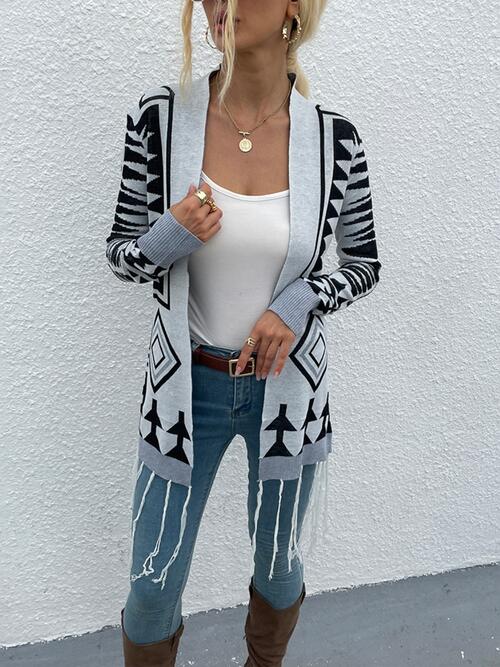 Comfy Connections Cloudy Blue Geometric Fringe Hem Open Front Cardigan