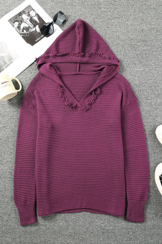 Full Size Red Horizontal Ribbing Fringe Trim Hooded Sweater