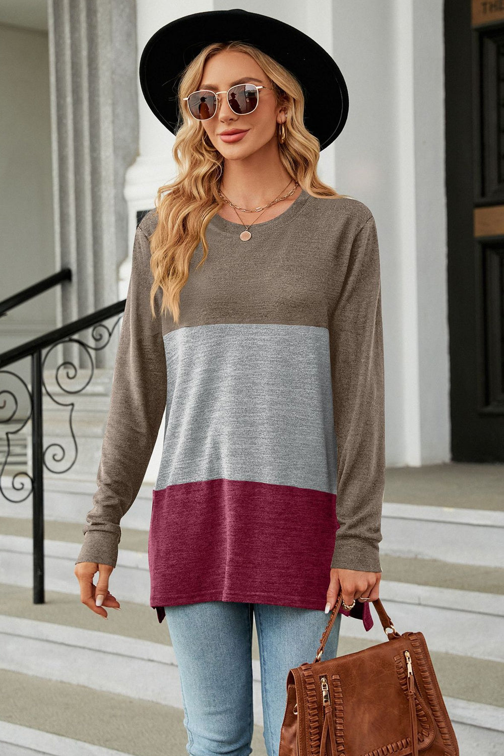 Full Size Color Block Round Neck Long Sleeve Slit T-Shirt