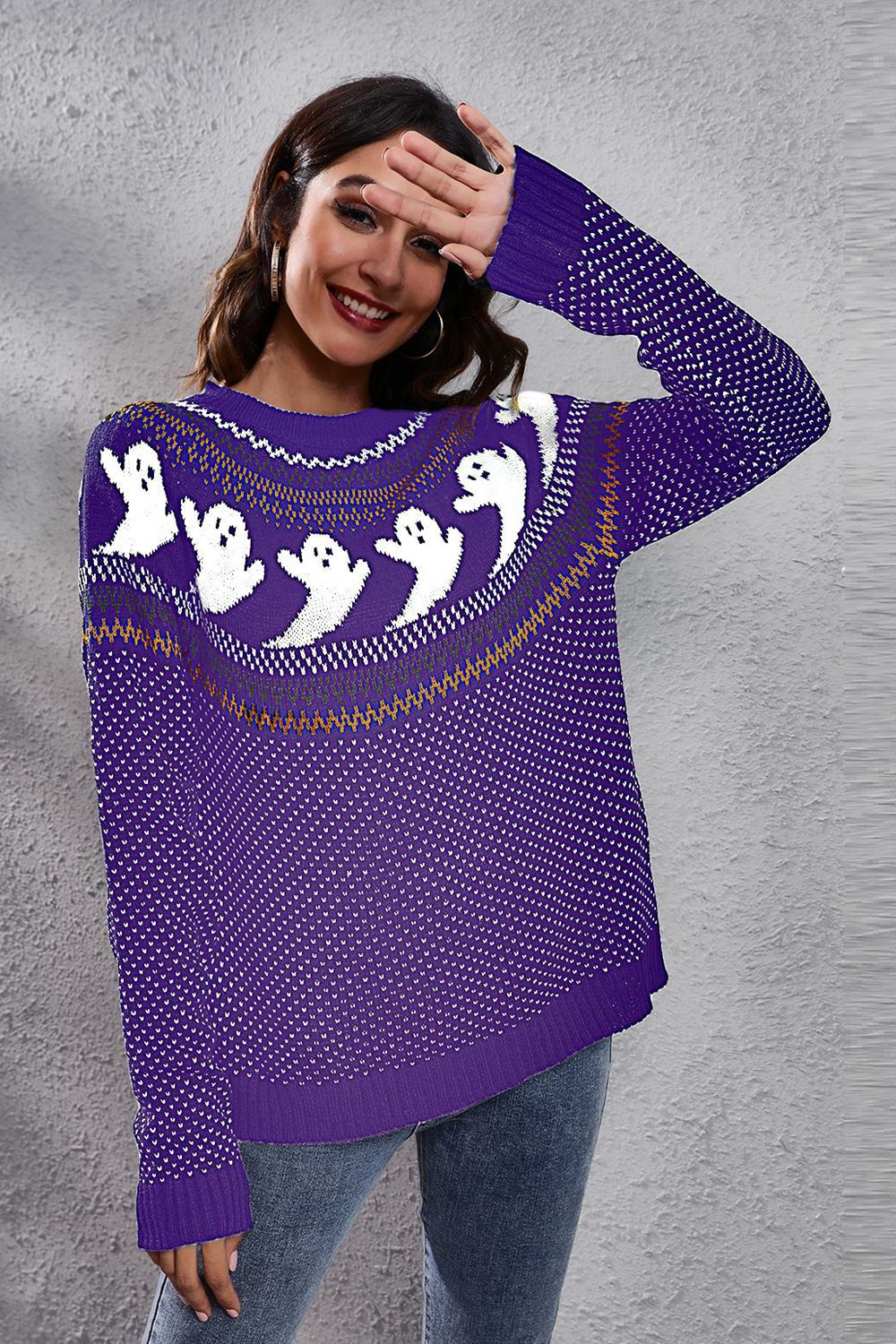 Full Size Ghost Pattern Round Neck Long Sleeve Sweater