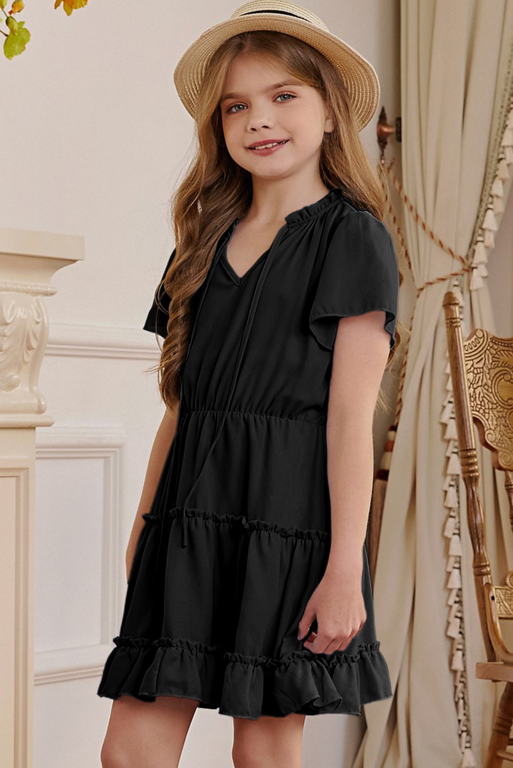 YOUTH GIRLS Frilled Notched Neck Puff Sleeve Dress SZ 4T-12Y