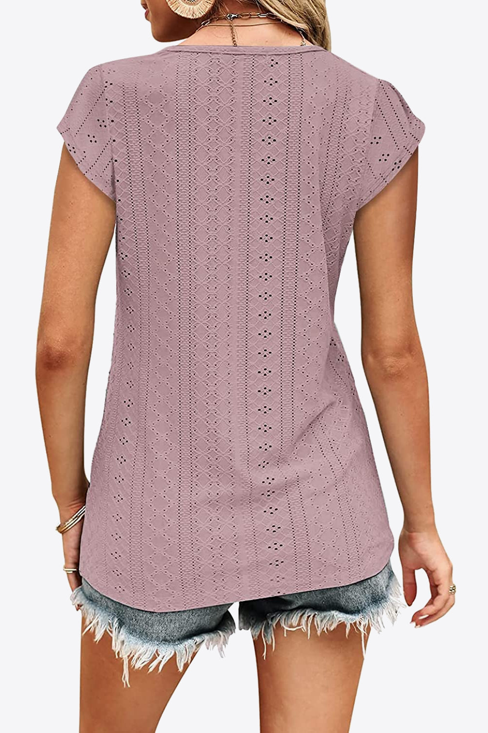 Full Size Eyelet Contrast V-Neck Tee